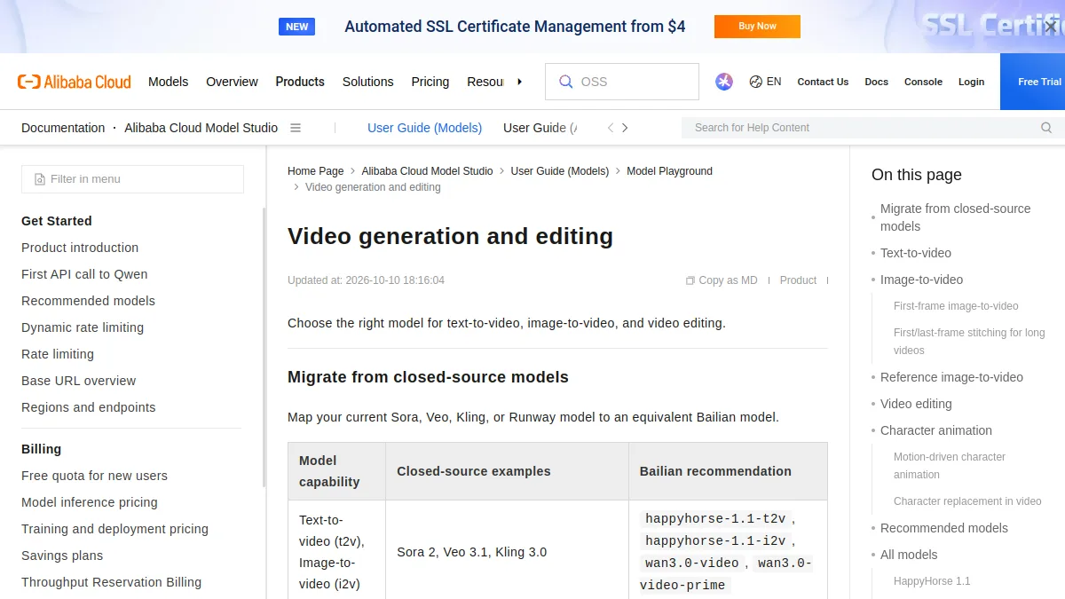 Documentation Alibaba Cloud Model Studio sur la génération vidéo avec les modèles Wan