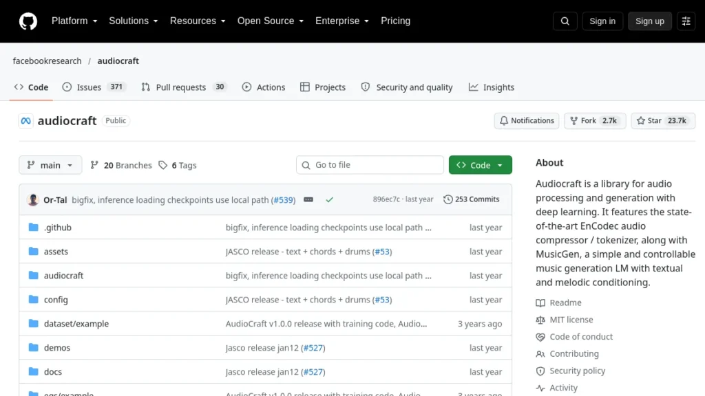 Meta GitHub AudioCraft repository that contains MusicGen