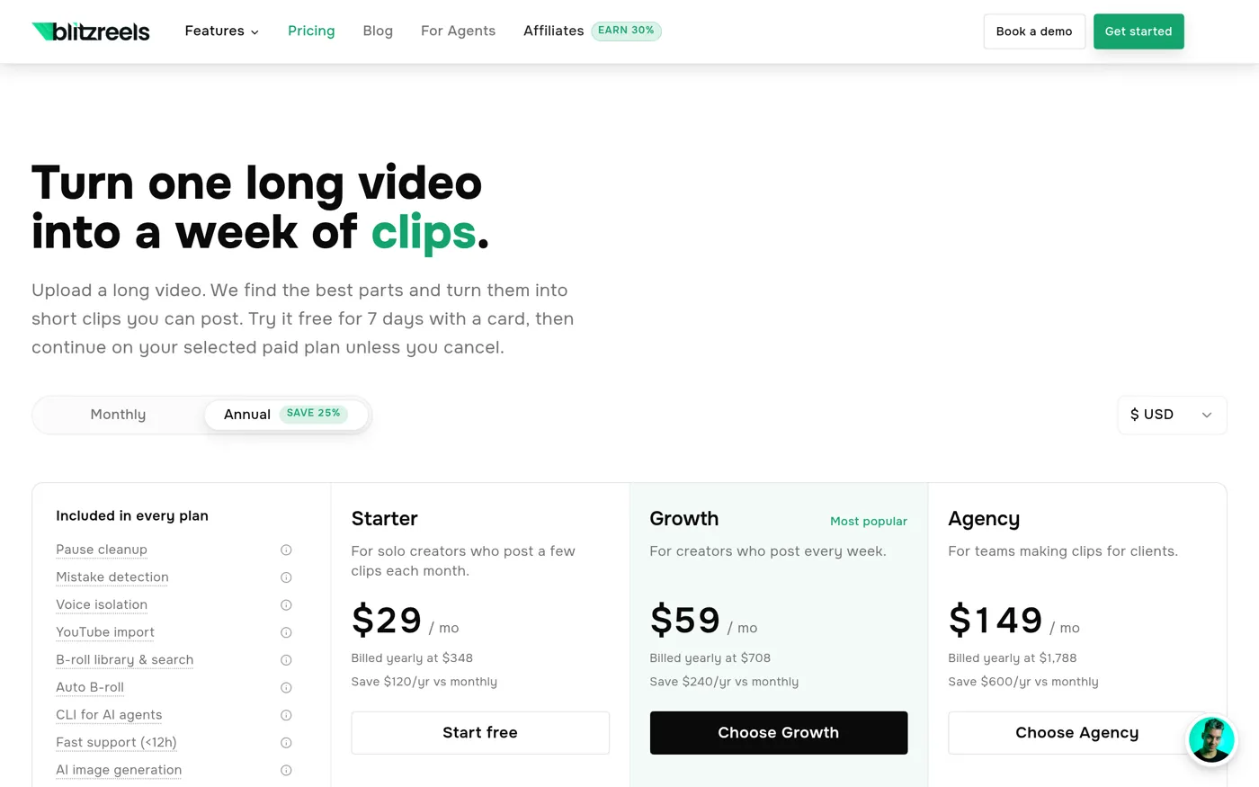 Page tarifs de BlitzReels : plans Starter, Growth et Agency affichés en facturation annuelle, avec l'essai de 7 jours