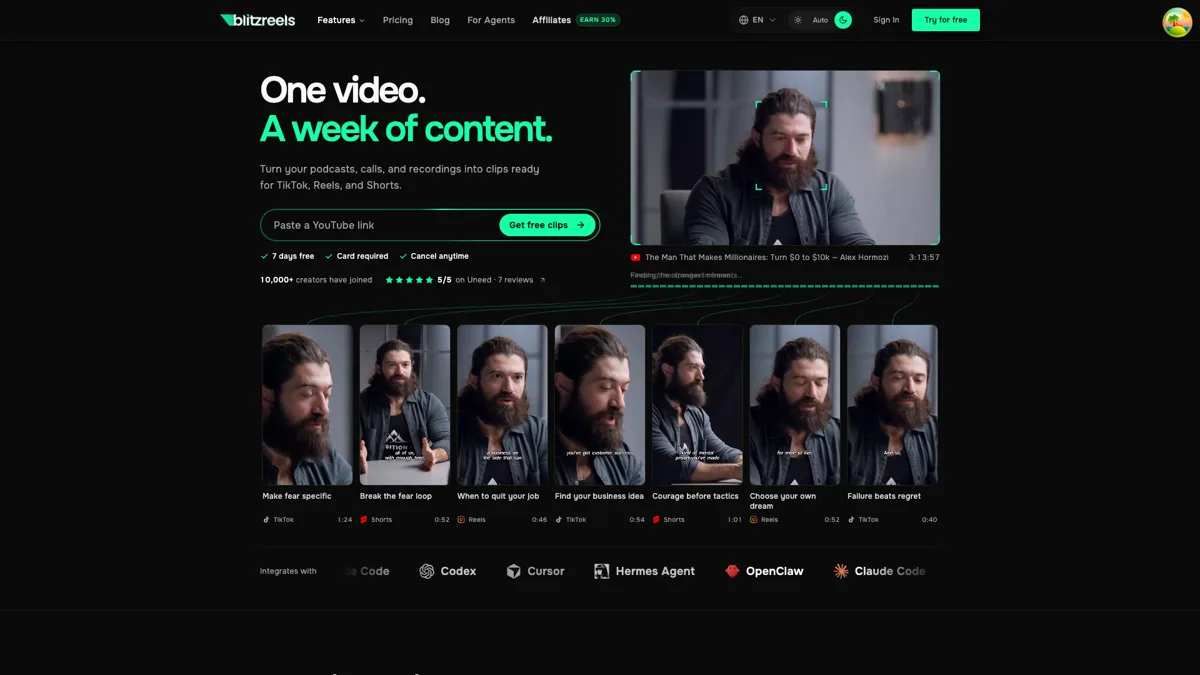 Visuel officiel de BlitzReels : une vidéo longue analysée, puis sept clips verticaux avec titre, plateforme et durée