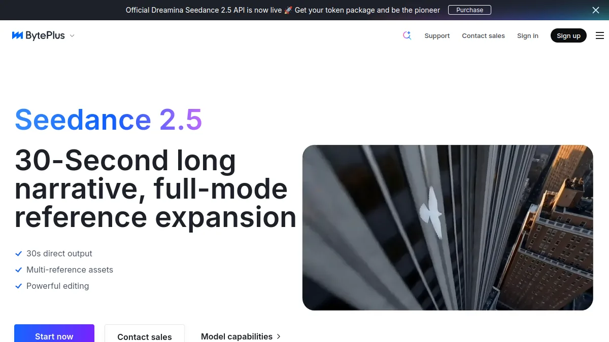 Page ByteMore Seedance 2.5, with 30 seconds output and multiple references
