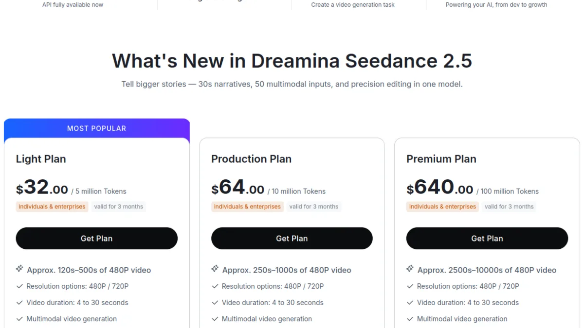 API offers Seedance 2.5 on BytePlus: Light, Production and Premium