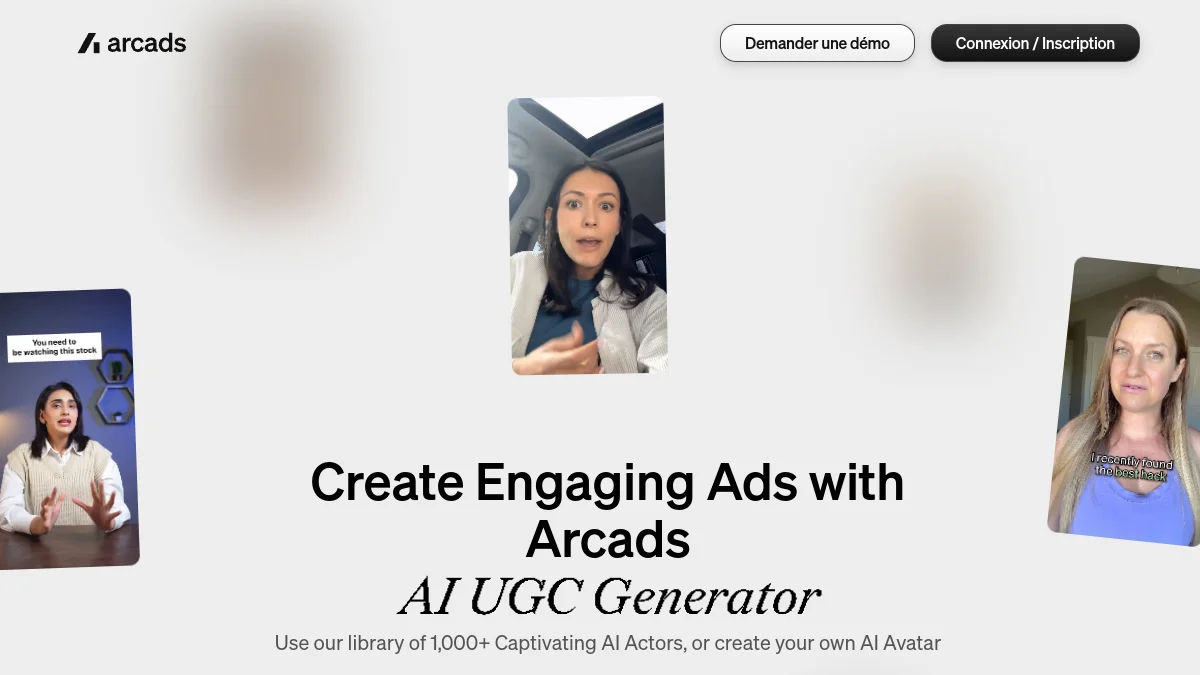 Page AI UGC Generator d'Arcads avec des acteurs IA