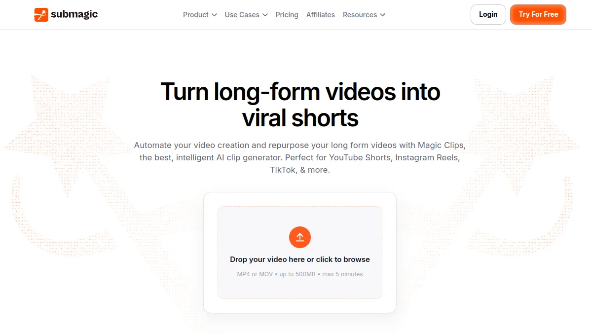 Page Magic Clips of Submagic to transform a long video into shorts