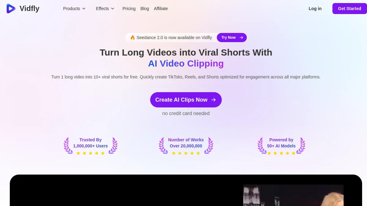 Outil AI Video Clipping de Vidfly pour transformer une vidéo longue en Shorts