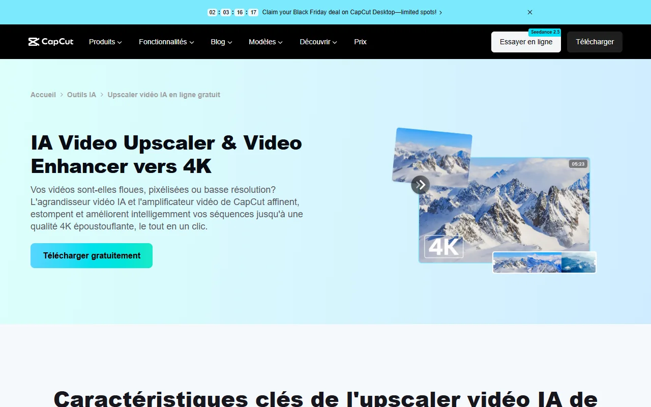 Page de l'agrandisseur vidéo IA de CapCut qui promet une vidéo en 4K en un clic