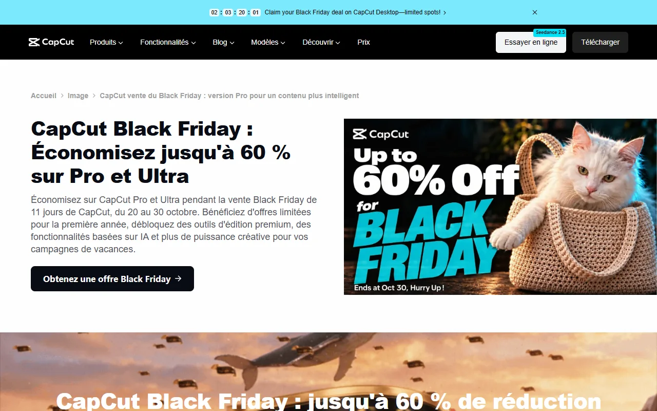 Page de la vente Black Friday de CapCut avec jusqu'à 60 pour cent de réduction jusqu'au 30 octobre