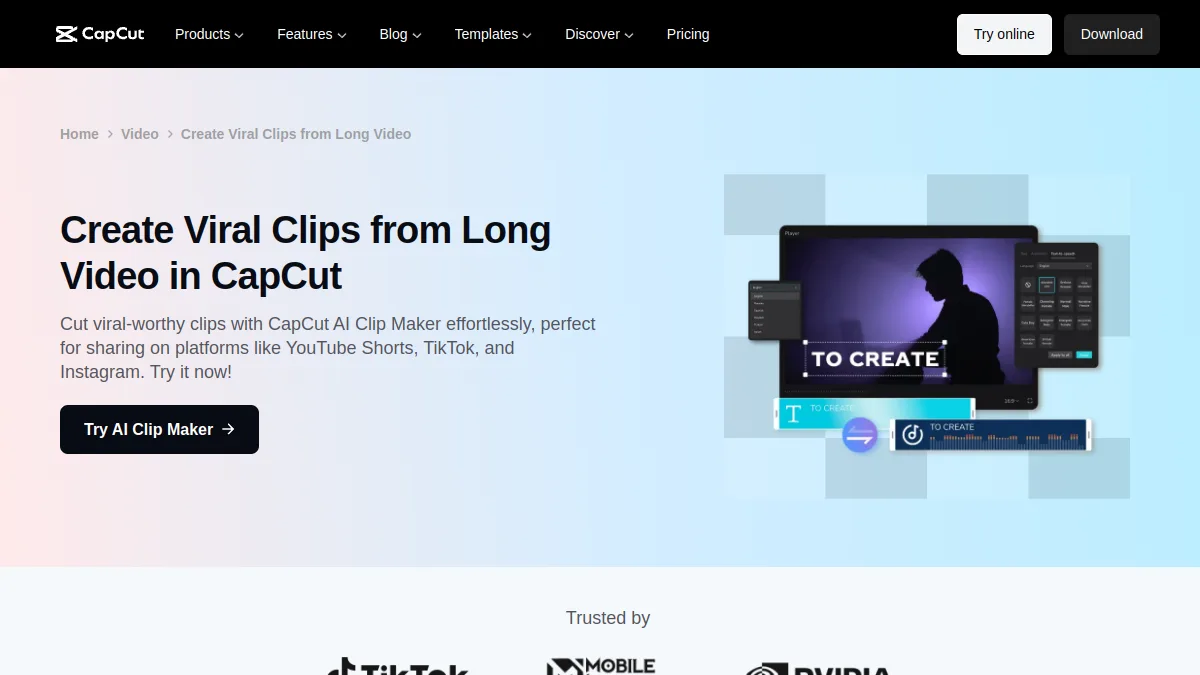 Page CapCut pour créer des clips viraux à partir d'une vidéo longue avec l'AI Clip Maker