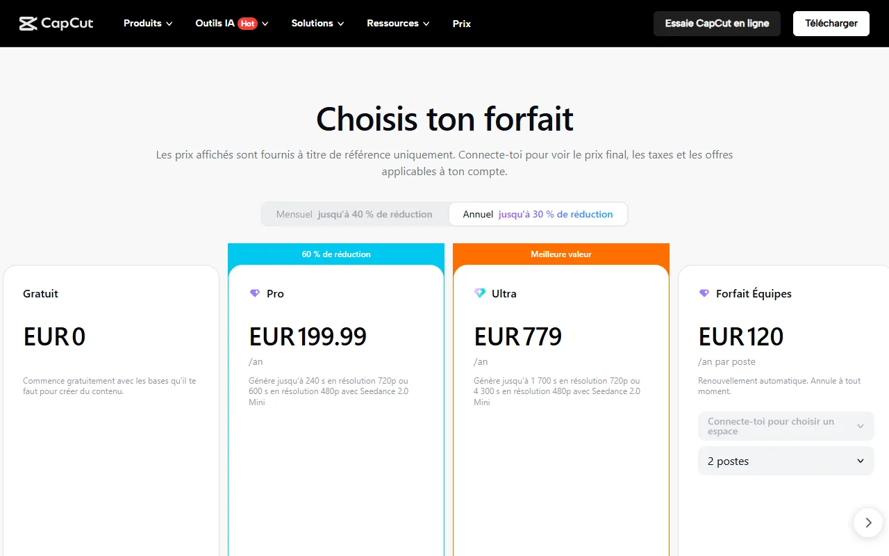 Forfaits CapCut en facturation annuelle avec Pro à 199,99 euros par an et la mention 60 pour cent de réduction