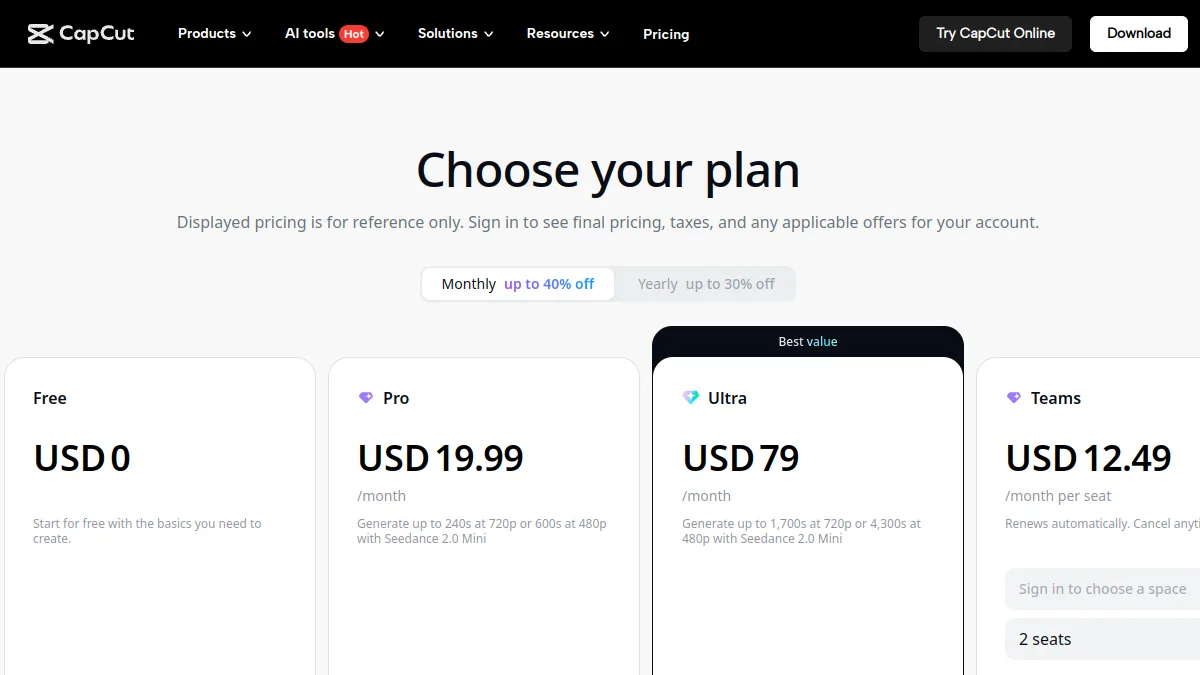 Page tarifs de CapCut avec les plans Free, Pro, Ultra et Teams