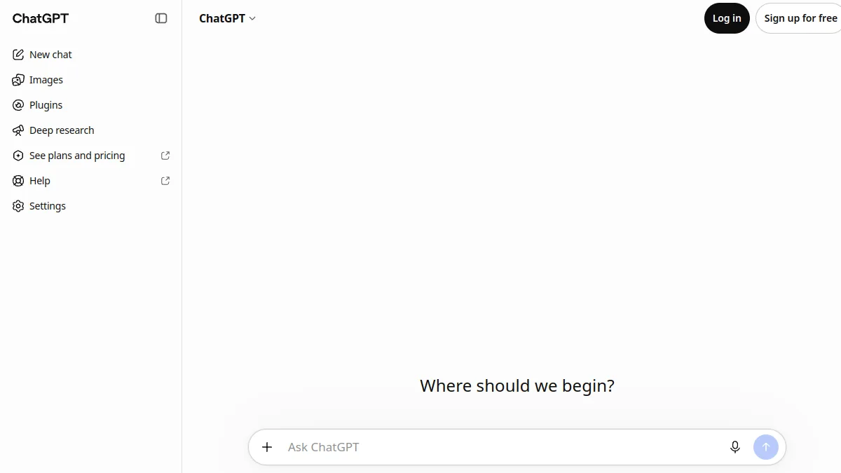 Home Page ChatGPT with the input field and the Images menu