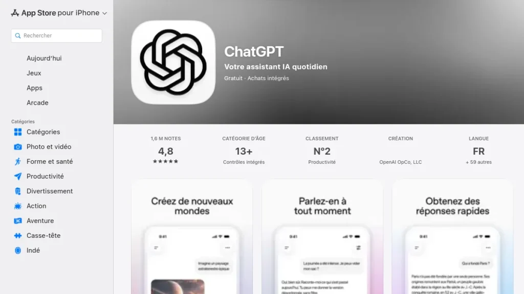 Fiche ChatGPT sur l'App Store