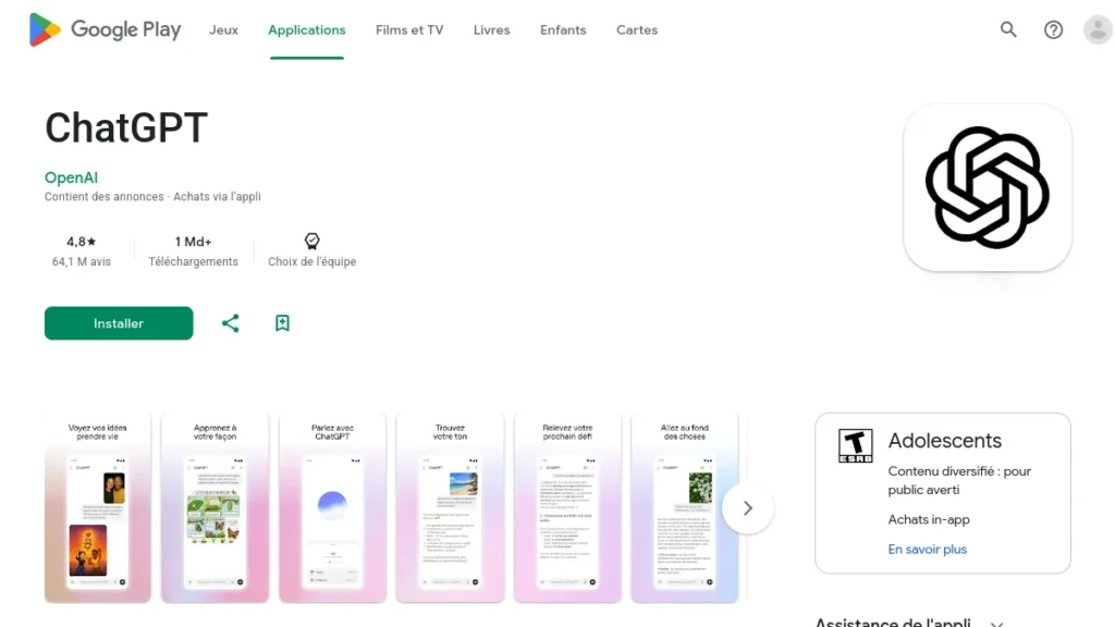 Fiche ChatGPT d'OpenAI sur Google Play