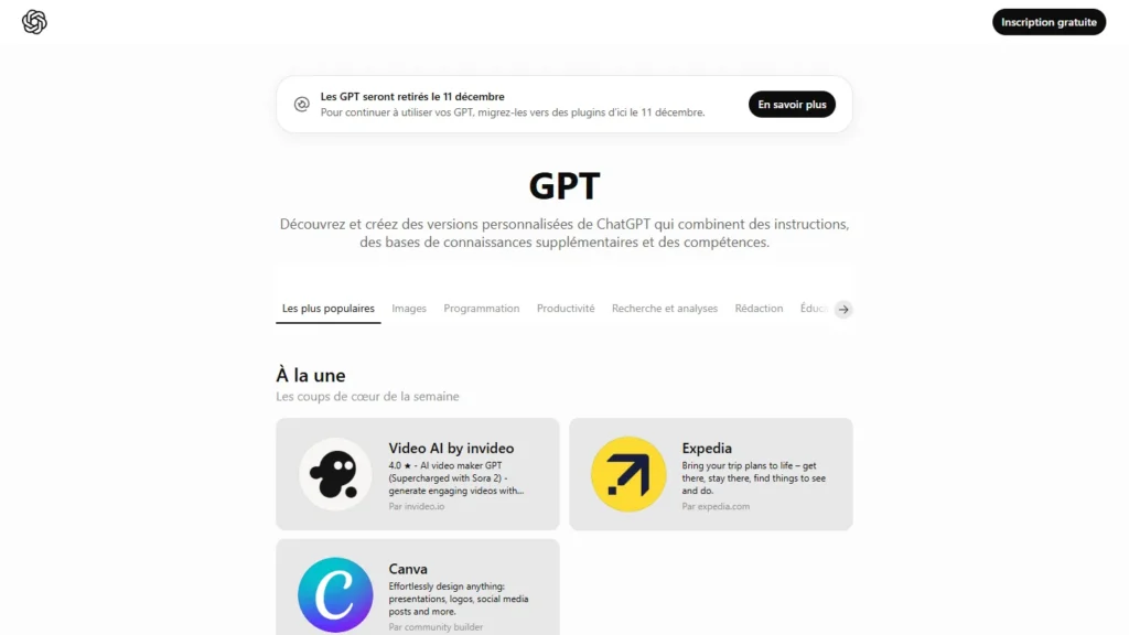 Page GPT de ChatGPT avec le catalogue des GPT personnalisés et l'annonce de leur retrait