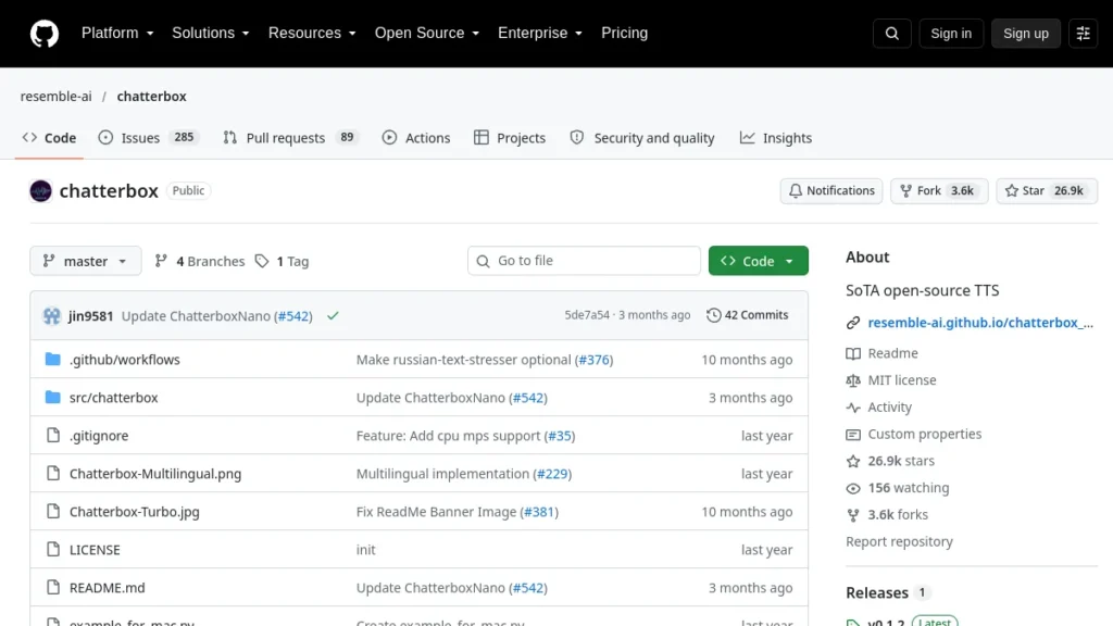 Dépôt GitHub de Chatterbox, synthèse vocale open source de Resemble AI