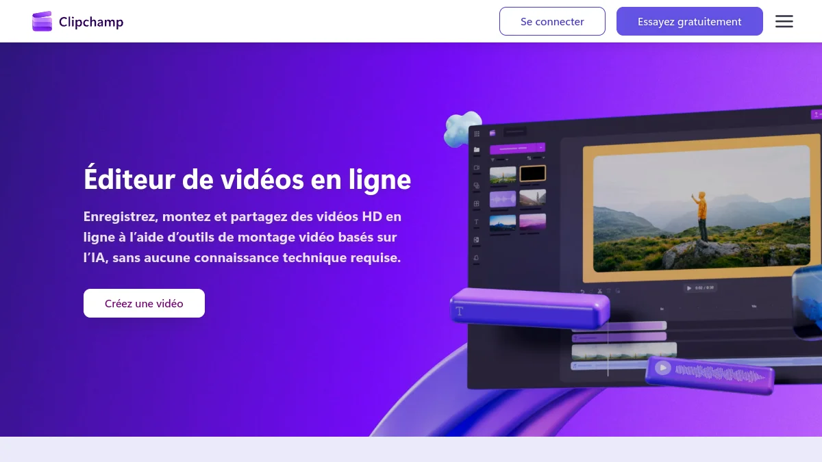 Page d'accueil française de Microsoft Clipchamp présentant l'éditeur vidéo en ligne