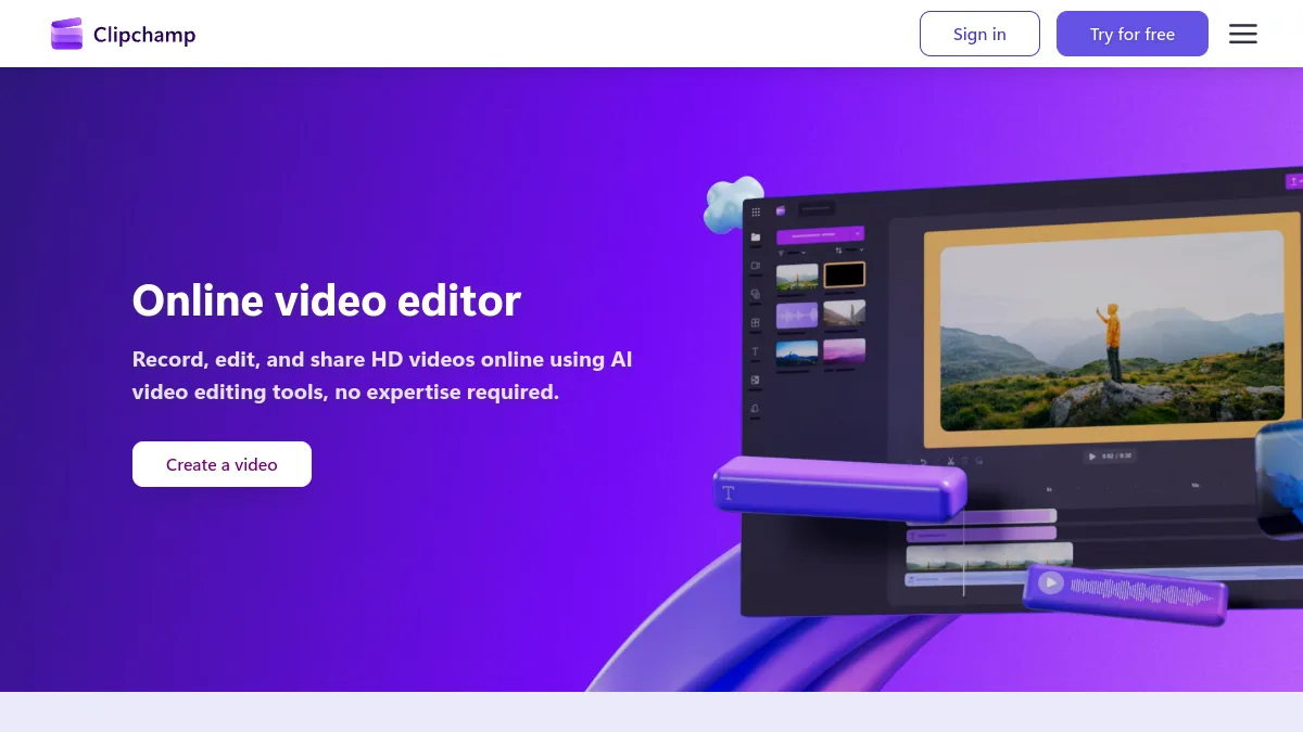 Page de Microsoft Clipchamp présentant son éditeur vidéo en ligne avec outils IA