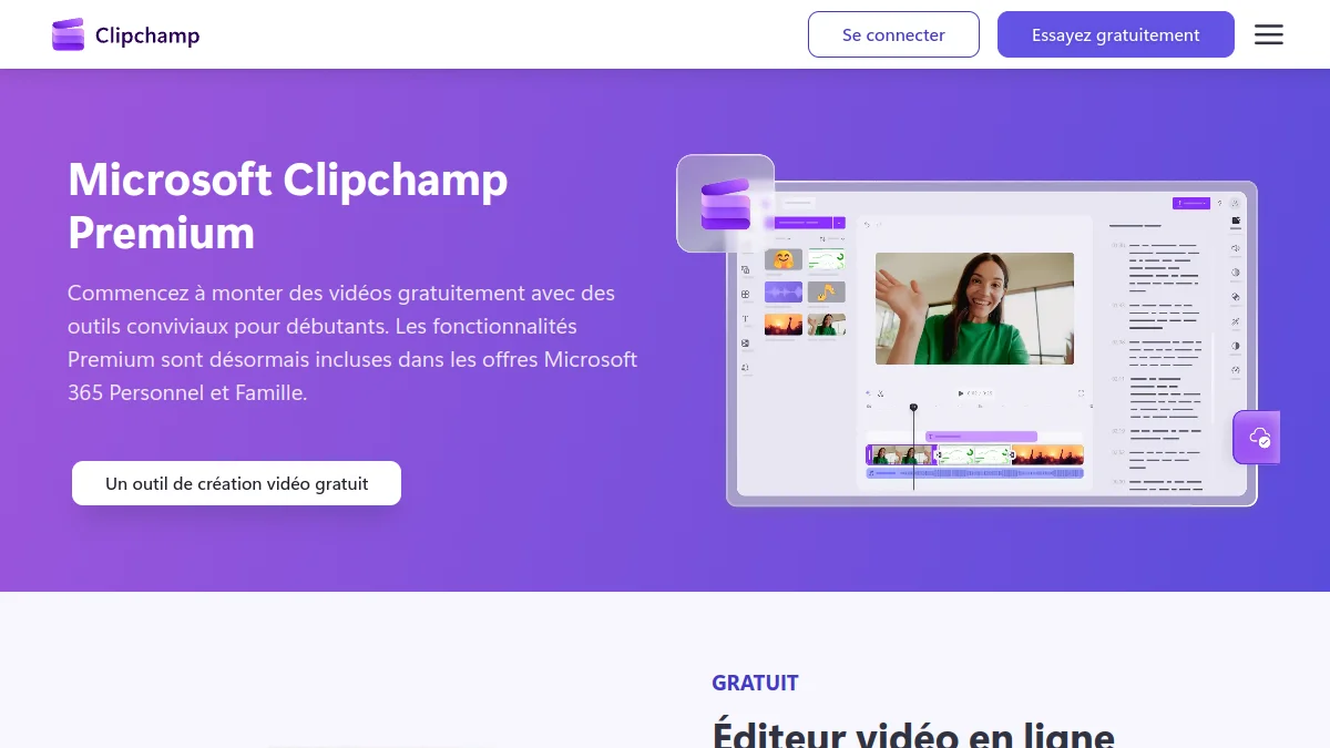 Page tarifs de Microsoft Clipchamp en français indiquant que les fonctionnalités Premium sont incluses dans Microsoft 365 Personnel et Famille