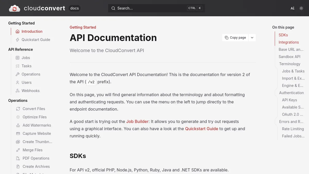 Documentation de l'API CloudConvert pour automatiser les conversions