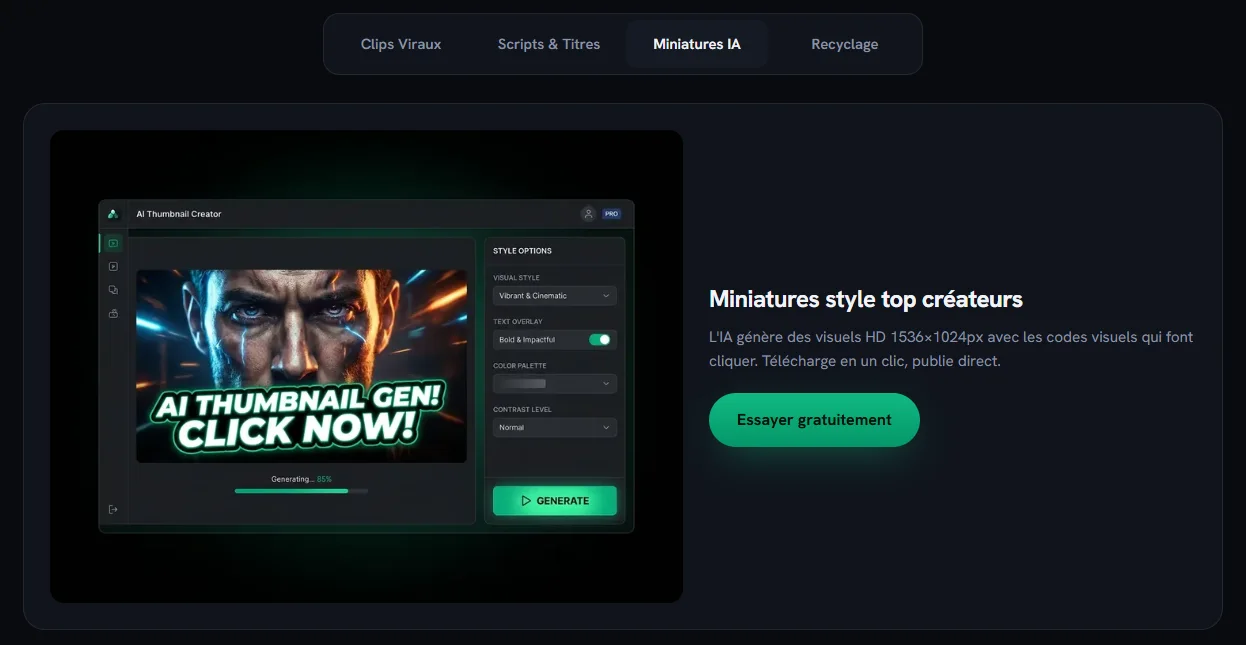 Capture de la page Créatis montrant le générateur de miniatures YouTube par IA et ses options de style