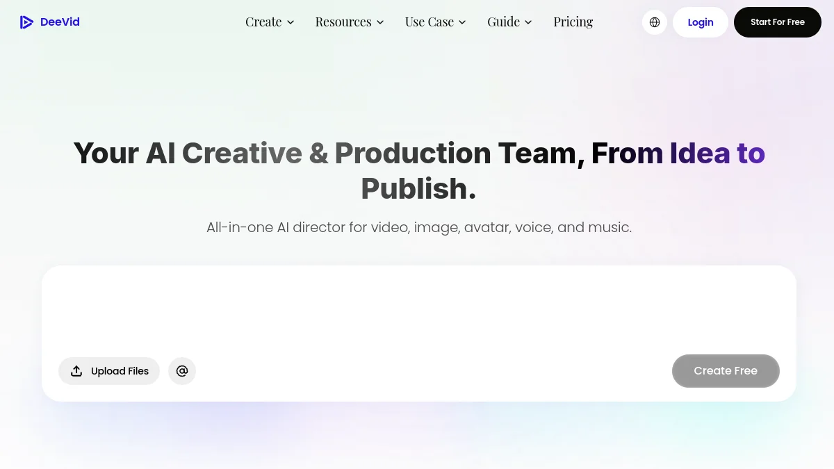 Page d'accueil de DeeVid AI avec le champ de prompt pour créer une vidéo
