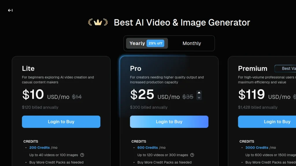 Page tariffs DeeVid AI with Lite, Pro and Premium plans