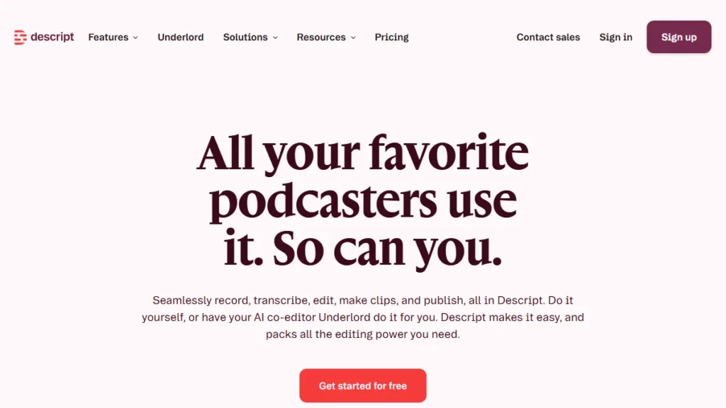 Podcasting page of Descript