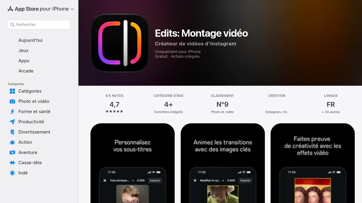 Fiche App Store de l'application Edits, l'éditeur vidéo gratuit d'Instagram