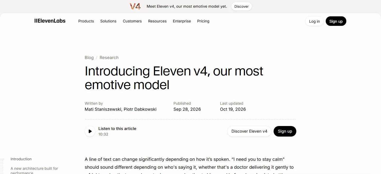 Capture of Eleven v4's official announcement on the blog ElevenLabs published on 28 September 2026