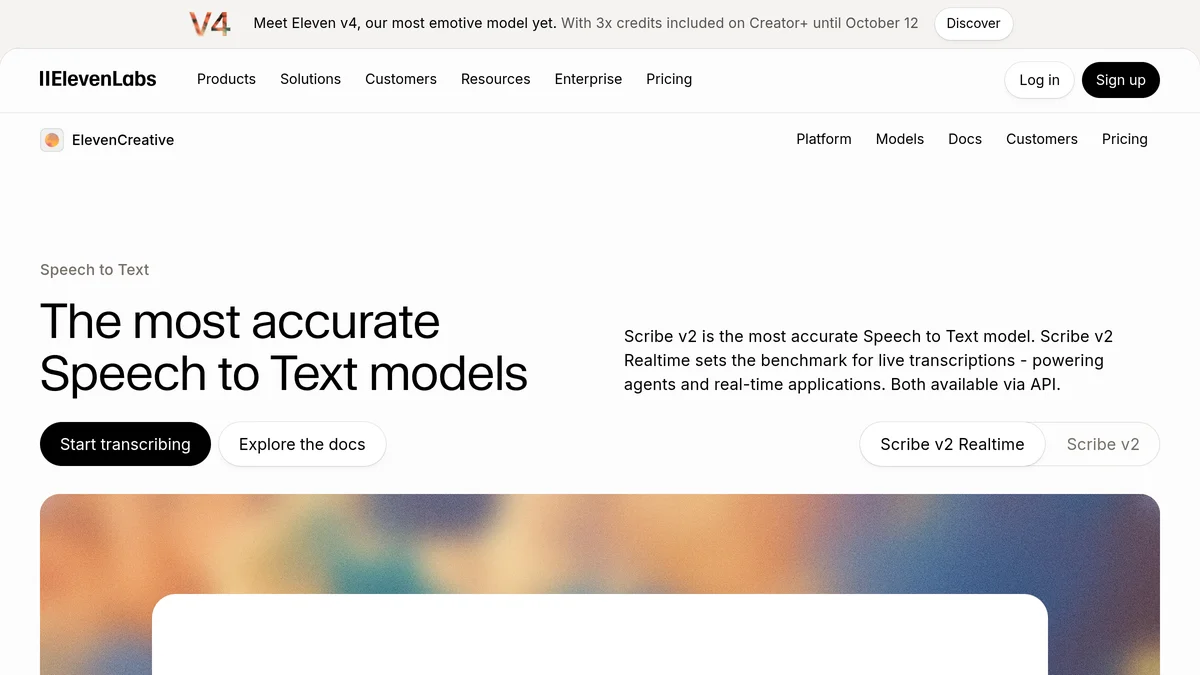 Page Speech to Text d'ElevenLabs présentant les modèles Scribe v2 et Scribe v2 Realtime