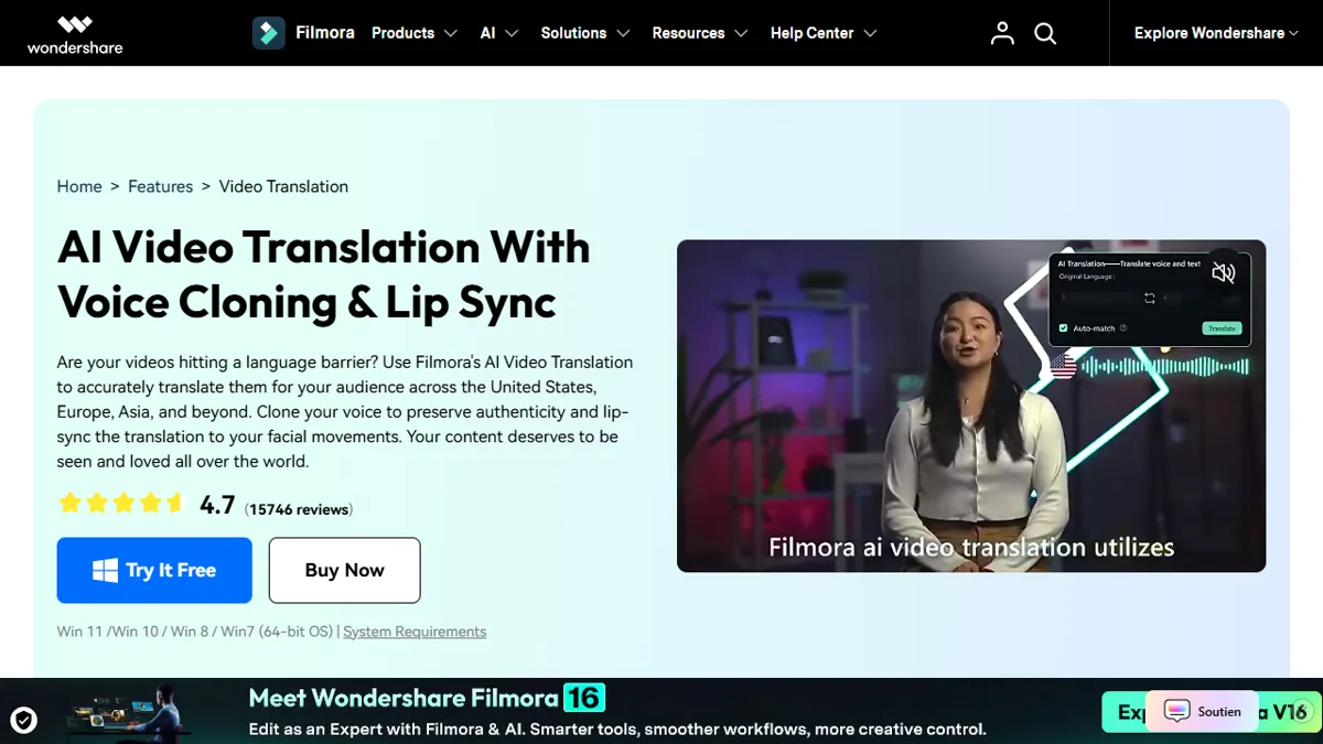 Official video translation page AI by Filmora with voice cloning and lip-sync