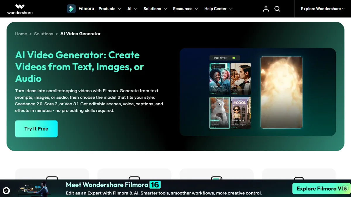 Page of AI video generator by Filmora with Seedance 2.0, Sora 2 and Veo 3.1