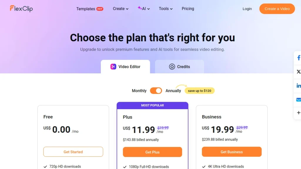 FlexClip price page with Free, Plus and Business plans