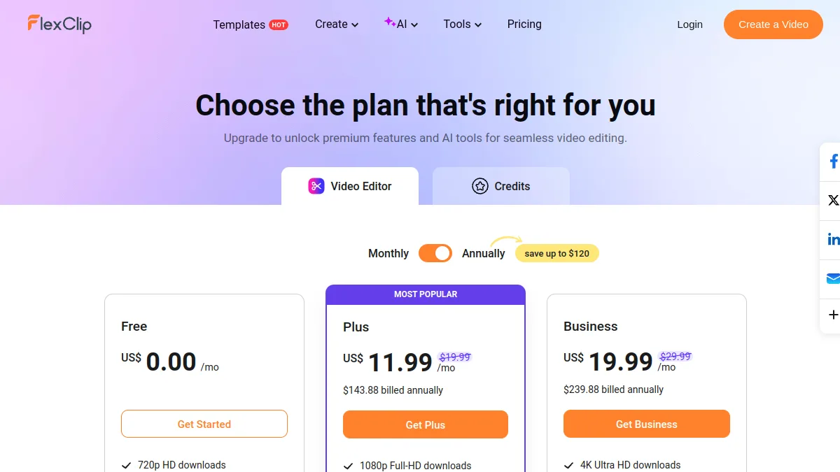 Page tarifs de FlexClip avec les plans Free, Plus et Business