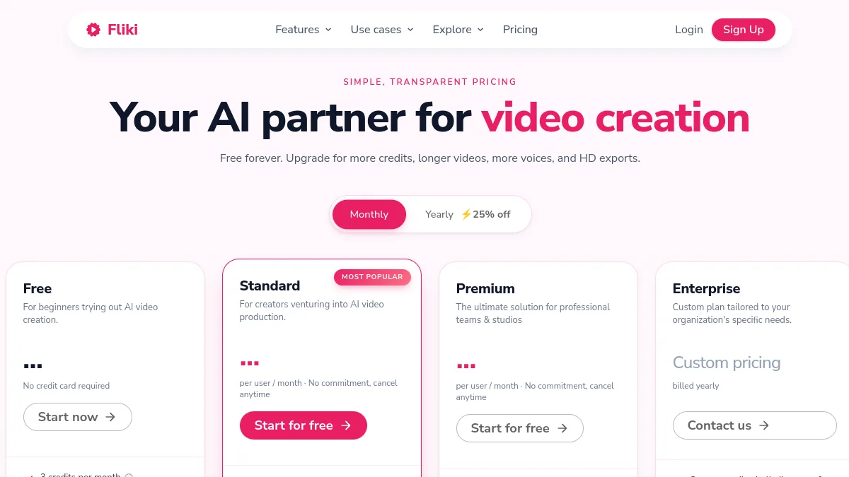 Page tarifs 2026 de Fliki avec les plans Free, Standard et Premium