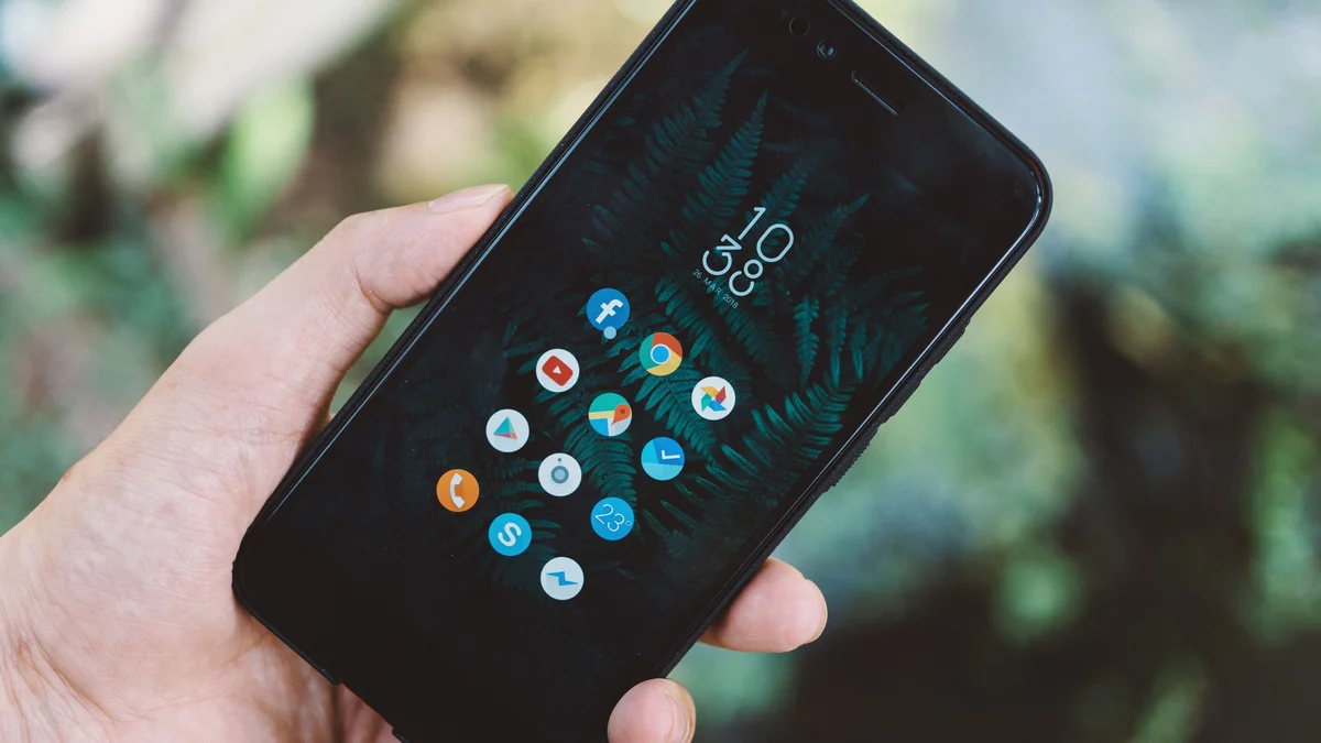 Hand holding an Android smartphone with a nature wallpaper