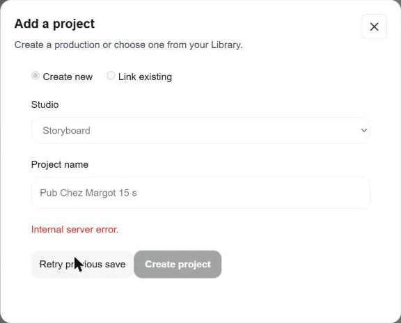 Message Internal server error lors de l'ajout d'un projet Storyboard dans le studio Brand de GenFlick
