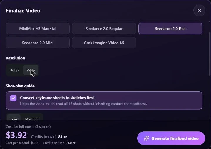 Fenêtre Finalize Video de GenFlick : choix du modèle Seedance 2.0 Fast en 720p pour 81 crédits, soit 3,92 dollars