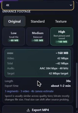 Menu d'export MP4 de GenFlick en 4K avec les options Original, Standard et Texture et un fichier estimé à 160 Mo
