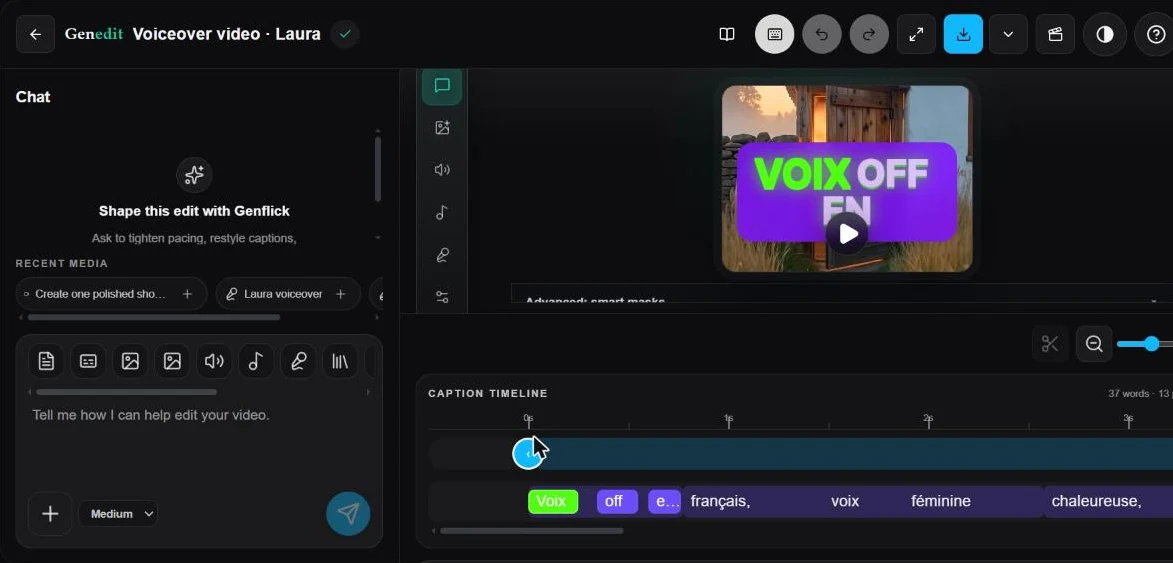 Éditeur Genedit de GenFlick avec une voix off en français, sous-titres synchronisés et images d'illustration générées