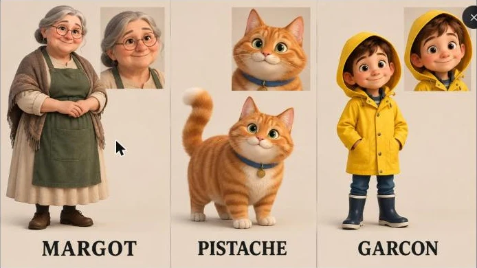 Planche de référence des personnages générée par GenFlick : Margot la boulangère, Pistache le chat roux et le petit garçon en ciré jaune