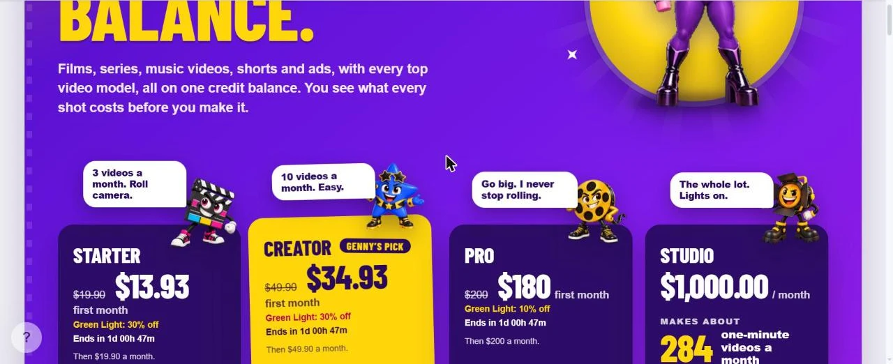 Page tarifs de GenFlick en octobre 2026 : formules Starter, Creator, Pro et Studio avec la promotion Green Light