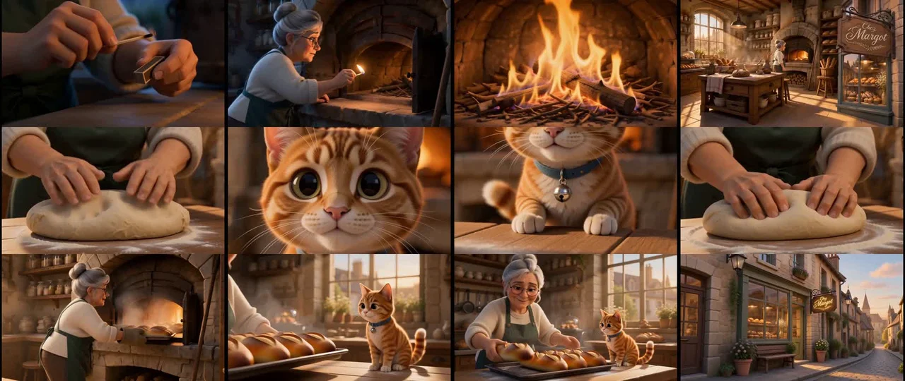 Douze images extraites de la publicité GenFlick pour la boulangerie fictive Chez Margot : allumage du four, pétrissage, chat roux, baguettes, enseigne