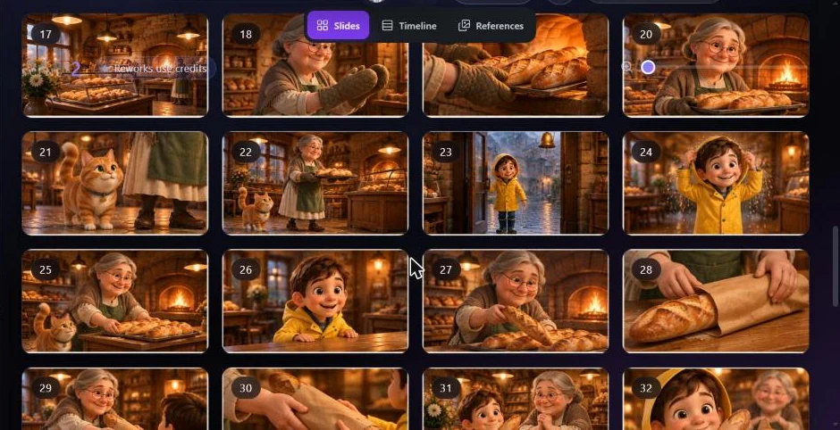 Grille d'images clés du storyboard GenFlick : la boulangère sort le pain du four, le chat roux la suit, le garçon en ciré jaune entre