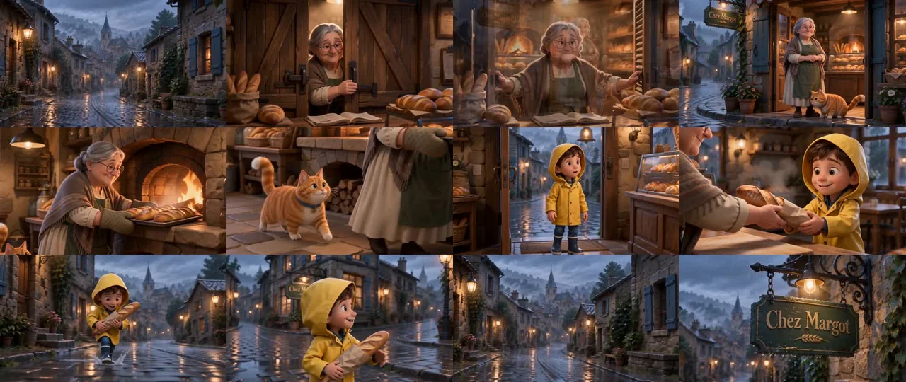 Douze images extraites du film de 30 secondes généré avec GenFlick : village sous la pluie, boulangère, chat roux, garçon en ciré jaune, enseigne Chez Margot