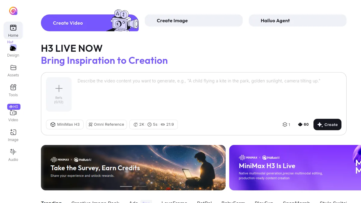 Interface de Hailuo AI avec le champ de prompt pour créer une vidéo