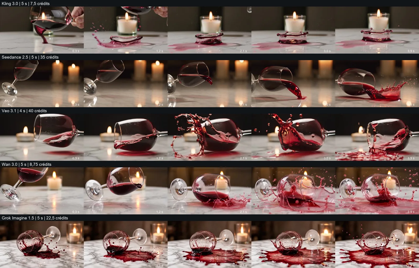 Five images from each clip (0.3, 1.2, 2.1, 3.0 and 3.9 seconds) for Kling 3.0, Seedance 2.5, Veo 3.1, Wan 3.0 and Grok Imagine 1.5