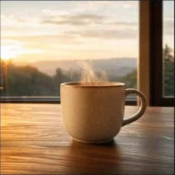 Photo carrée GPT Image 2 d'une tasse en céramique avec de la vapeur sur une table en bois près d'une fenêtre au lever du soleil