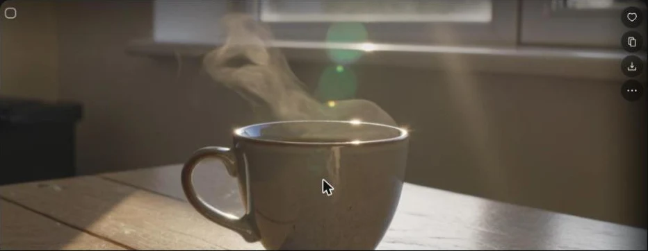 Image extraite d'un clip Kling 3.0 généré sur Higgsfield montrant de la vapeur qui monte d'une tasse dans une lumière chaude