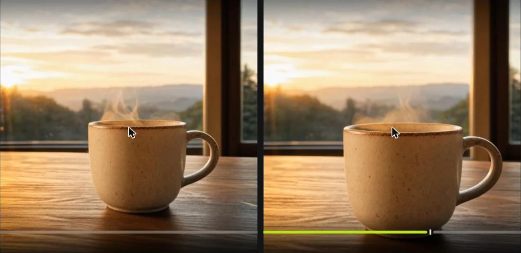 Deux images d'un clip Kling 3.0 photo vers vidéo sur Higgsfield montrant la même tasse en grès à 0 et 2 secondes pendant que la caméra avance